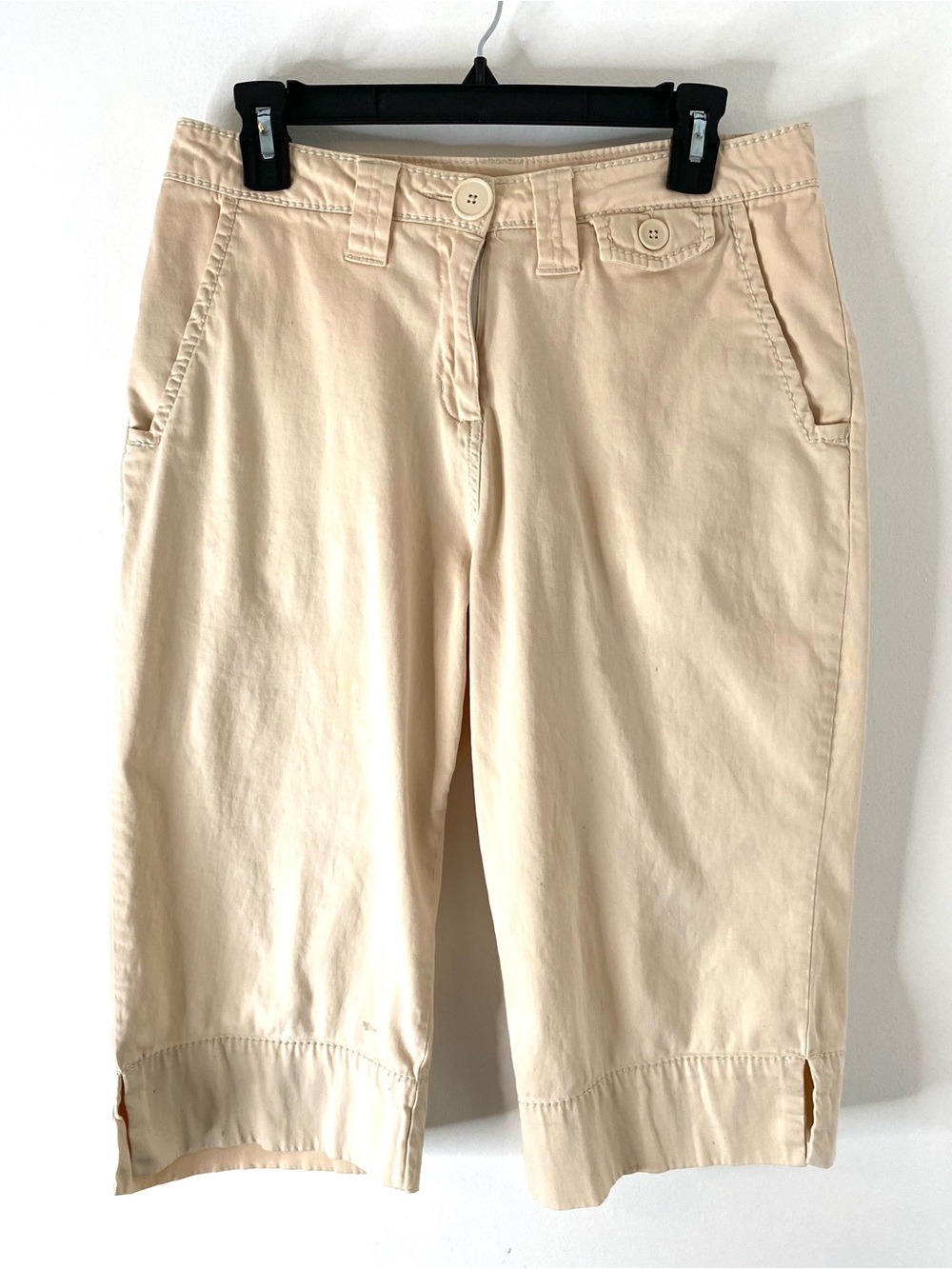 Woolrich Cream Cotton Stretch Capri Pants Side Slit Utility Pockets